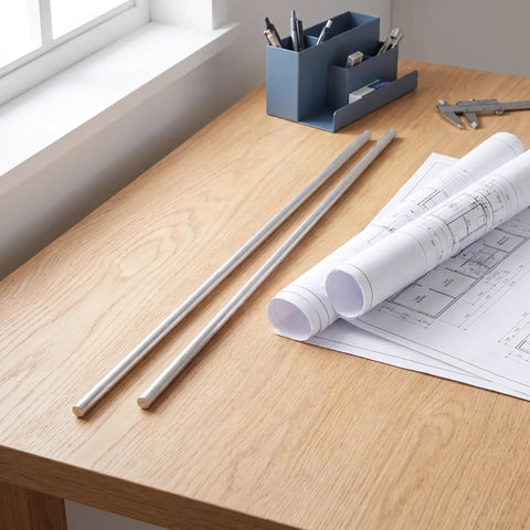 Industrial Aluminum Rod 2 Pcs Round Metal Bar Stock for Machining and Fabrication Shaft Rod Material on wooden desk with blueprints