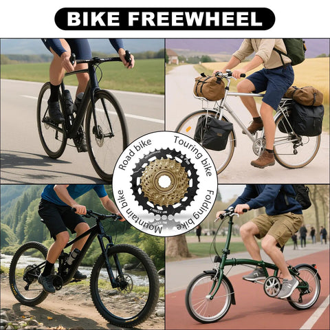 Screw On MF TZ500 7 Speed Freewheel 14 34 Tooth for Tourney Drivetrain with bikes on various terrains and center cog detail