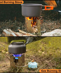 All Fuel Stainless Steel Camping Stove For Solo Campers, showing wood and gas burning options with pots, outdoor use
