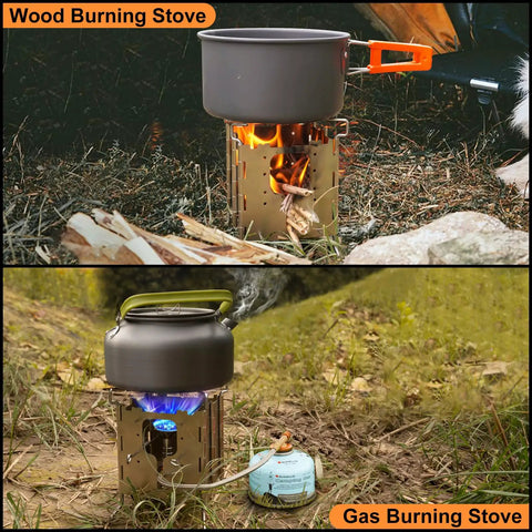 All Fuel Stainless Steel Camping Stove For Solo Campers, showing wood and gas burning options with pots, outdoor use