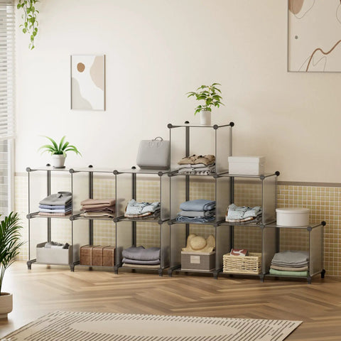 Six Cube Storage Organizer In Light Grey, Flexible Modular Shelf System for Living Room with metal frame, various items stored.