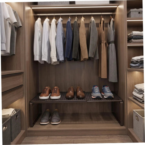 Heavy Duty Expandable Closet Shelf And Stackable Cabinet Organizer Set Black Adjustable Vertical Divider Rack holding shoes in a closet.