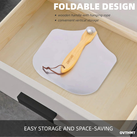 OVTHMT pizza peel top view: aluminum 12x14 inch paddle with foldable wooden handle and leather hanging cord