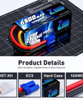 4S 6500mAh 80C RC Lipo Battery with Hard Case and EC5 Connector on grid board, packaging shown.