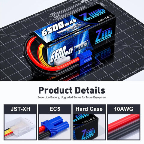 4S 6500mAh 80C RC Lipo Battery with Hard Case and EC5 Connector on grid board, packaging shown.