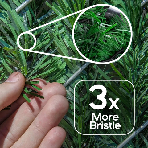 Close-up of Heavy Duty Privacy Hedge Slats for Chain Link Fence, showing dense PVC pine needles for 90% privacy screen.