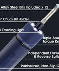 Close-up of MI HOTO Cordless Power Electric Screwdriver with features like LED shadow light and rubber grip, bits included.