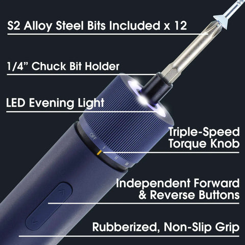 Close-up of MI HOTO Cordless Power Electric Screwdriver with features like LED shadow light and rubber grip, bits included.