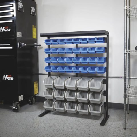 Heavy Duty Garage Organization Workhorse Storage Rack With Powder Coated Steel Rails And Hella Sturdy 47 Super Polypropylene Bins Ideal For Shop Hardware Tools