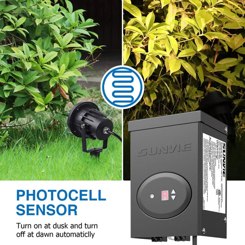 120W Low Voltage Landscape Transformer With Timer And Photocell Sensor For Outdoor Lighting 12V Waterproof ETL Listed next to garden