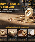 6pc Orange Wood Shaping Disc For Angle Grinder With Sanding And Polishing features, displayed on a workbench with wood shavings.