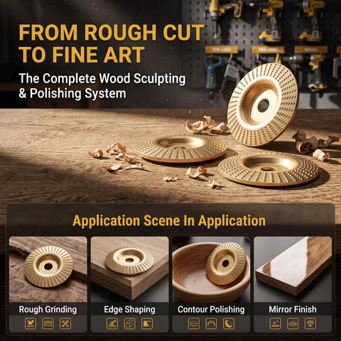 6pc Orange Wood Shaping Disc For Angle Grinder With Sanding And Polishing features, displayed on a workbench with wood shavings.