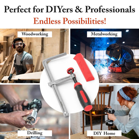 Heavy Duty F Clamps For Woodworking 2 Pack With 630 Lbs Clamping Force shown in various DIY applications.