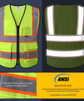 Solid Hi Vis Safety Vest For Men And Women With Reliable Zipper Front And Roomy Cargo Pockets Bright Yellow Mesh Cloth Meets Ansi Class 2 Certification, showing front and back view with reflective strips.