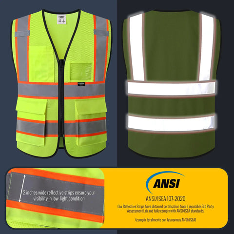 Solid Hi Vis Safety Vest For Men And Women With Reliable Zipper Front And Roomy Cargo Pockets Bright Yellow Mesh Cloth Meets Ansi Class 2 Certification, showing front and back view with reflective strips.