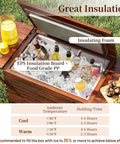 54 Quart Wooden Patio Cooler Cart With Wheels And Foldable Side Shelves Bottle Opener And Bottom Storage Insulated Beverage Cooler lid open showing drinks on ice