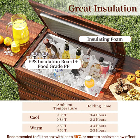 54 Quart Wooden Patio Cooler Cart With Wheels And Foldable Side Shelves Bottle Opener And Bottom Storage Insulated Beverage Cooler lid open showing drinks on ice