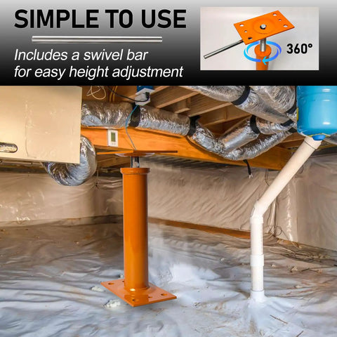 Adjustable Basement Floor Jack Posts, 2 Pack, 11 To 17 Inch Screw Post Supports installed under house foundation with 360 swivel top.