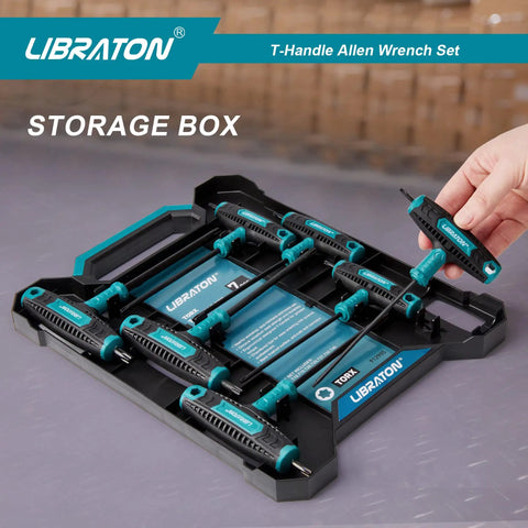 Dual End T Handle Allen Wrench Set With Chamfered Tips For Deep And Shallow Screws SAE One Eighth To Three Eighths Inch Seven Piece Hex Key Kit With Handy Storage Box displayed open.