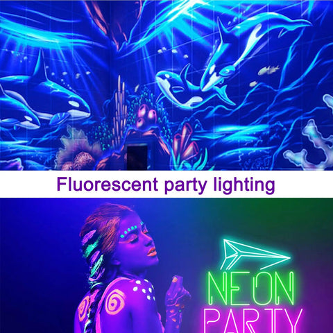 Two Pack LED Black Light Bar Set for Glow Parties illuminating fluorescent art and body paint under ultraviolet lights