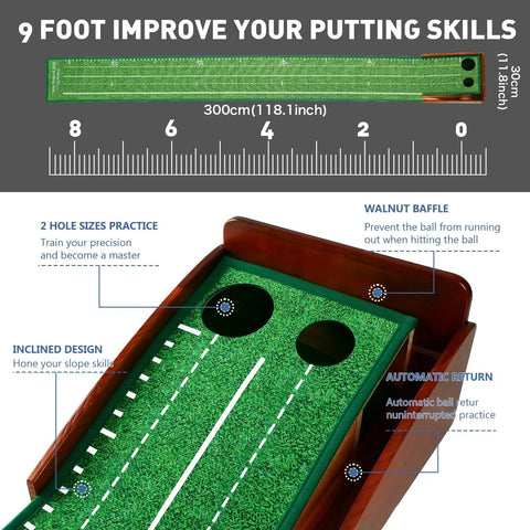 Indoor Putting Green With Automatic Ball Return, Solid Wood Frame, dual holes, 9 ft length, realistic roll, home practice setup.