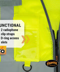 Mens High Visibility Safety Vest With Reflective Neon Mesh Zipper Features Nine Utility Pockets For Construction And Traffic Control Meets Ansi Class 2 Standards Breathable Mesh Hustle Ready Grind Proof Coverage 2X Large showing radiophone clip straps and D-ring access slots.