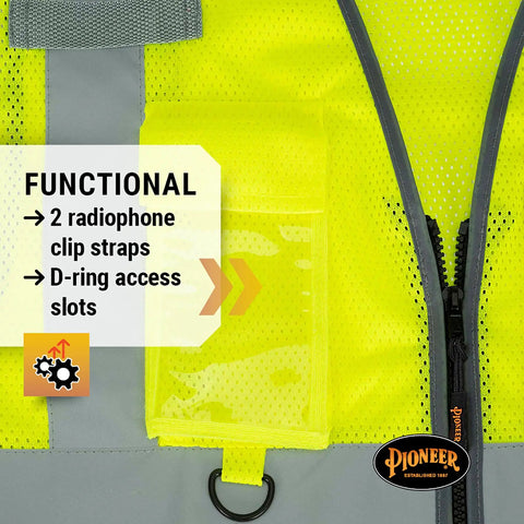 Mens High Visibility Safety Vest With Reflective Neon Mesh Zipper Features Nine Utility Pockets For Construction And Traffic Control Meets Ansi Class 2 Standards Breathable Mesh Hustle Ready Grind Proof Coverage 2X Large showing radiophone clip straps and D-ring access slots.