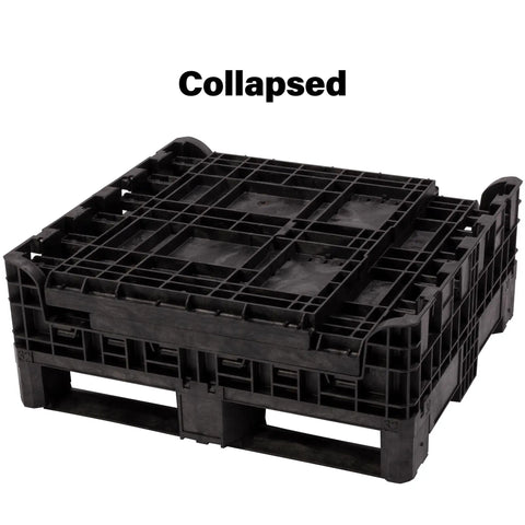 Rugged Collapsible Bulk Storage Container Featuring Four Way Forklift Access And Two Drop Doors Standard Duty Stacking Pallet Box With One Thousand Seven Hundred Pound Capacity collapsed for space-saving storage.