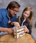 Knight Bus 3D Puzzle With 268 Pieces And 7.7 Inch Build Size Transformable Triple Decker Design, Spring Powered Motor, Flip Gear Coasting, Pre Laser Cut Wood Panels And No Glue Needed For Quick Hands On Fun, father and child assembling wooden model
