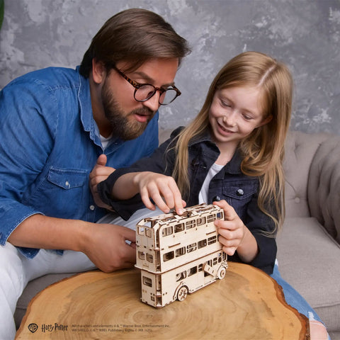 Knight Bus 3D Puzzle With 268 Pieces And 7.7 Inch Build Size Transformable Triple Decker Design, Spring Powered Motor, Flip Gear Coasting, Pre Laser Cut Wood Panels And No Glue Needed For Quick Hands On Fun, father and child assembling wooden model