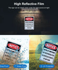 Enter At Your Own Risk Sign Set Of 2 10x7 Inches Reflective Aluminum Caution Safety Warning Weatherproof UV Protected Easy To Mount Not Responsible For Accidents Or Injuries displayed in different weather conditions and lights.