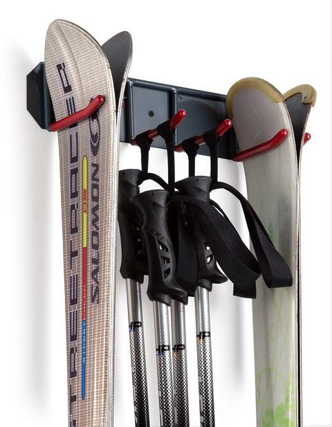 Badass Heavy Duty Wall Mounted Ski Rack Organizer With Thick Padded Hooks For Indoor Garage Storage Holds Two Full Sets Of Skis Poles And Sports Gear In A Solid Metal Frame with skis and poles visible.