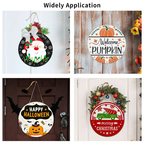 Decorative sublimation door hangers showing various seasonal designs on Six Pack 10 Inch Round Sublimation Door Hanger Blanks White Hardboard MDF Wood For Heat Press Printing Wall Decor Ornaments For DIY Custom Designs Gift Box Included.