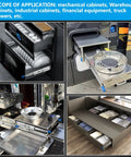 Collage of industrial cabinets and drawers using Beefy 22 Inch Locking Drawer Slides, Full Extension Side Mount with Ball Bearing.