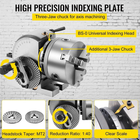 Precision Five Inch Three Jaw Semi Universal Dividing Head For Milling Machines featuring a heavy duty cast iron build and additional chuck.