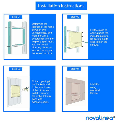Installation instructions for Two Tier Recessed Shower Niche 16 By 20 Inches, mounting and tiling steps illustrated.