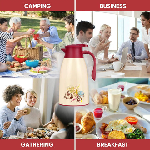 40.5 Oz Thermal Coffee Carafe With Glass Lined Vacuum Insulation surrounded by images of camping, business meetings, gatherings, and breakfast