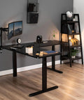 Rocking This VIVO L-Shaped Corner Standing Desk For Your Office Home Setup With Height Adjustable Ergonomic Features Smooth Transition From Sit To Stand Position Massive Workspace Ideal For Productivity And Comfort, showcasing sleek black design with dual monitors and accessories.