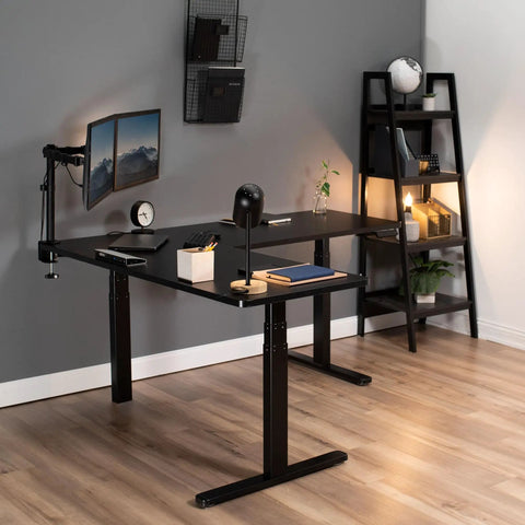 Rocking This VIVO L-Shaped Corner Standing Desk For Your Office Home Setup With Height Adjustable Ergonomic Features Smooth Transition From Sit To Stand Position Massive Workspace Ideal For Productivity And Comfort, showcasing sleek black design with dual monitors and accessories.