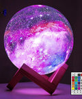 Colorful Moon Galaxy Lamp 5.9 Inch With 16 Color LED on wooden base, remote control visible, glowing in a dark room.