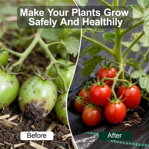 Comparison of tomato plants before and after using Heavy Duty Weed Barrier Landscape Fabric 4 Ft by 100 Ft 3.2 Oz Woven Geotextile Mat