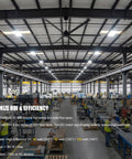 Straight Up 144 Inch HVLS Industrial Ceiling Fan Built Tough With 130W DC Motor in a large workshop space.