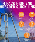 Heavy Duty 316 Grade Stainless Steel Locking Chain Link Quick Links Set With Threaded Connectors D Shape Safety Clips in use by water