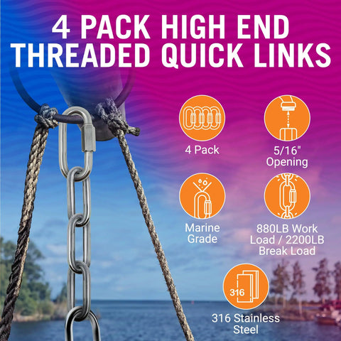 Heavy Duty 316 Grade Stainless Steel Locking Chain Link Quick Links Set With Threaded Connectors D Shape Safety Clips in use by water