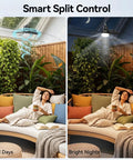Portable Solar Ceiling Fan With Lights For Outdoor Use Off Grid Ready, 18.5 Inch Blade, Cool and Bright Modes Displayed