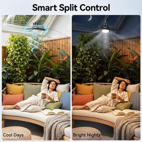 Portable Solar Ceiling Fan With Lights For Outdoor Use Off Grid Ready, 18.5 Inch Blade, Cool and Bright Modes Displayed