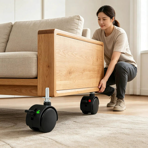 Smooth As Silk Heavy Duty 1.5 Inch Swivel Caster Wheels Set Of Four on a wooden sofa being adjusted by a person.