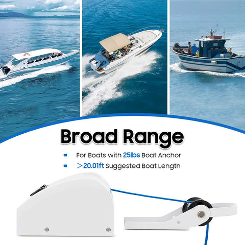 Get Your 25 LBS Electric Anchor Winch With Wireless Remote For Boats In Saltwater! Durable Iron And Plastic Marine Windlass Kit shown with rope.
