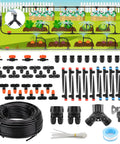 Effortless 100 Foot Drip Irrigation System Kit With 30 Adjustable Nozzles And 30 Meter One Quarter Inch Tubing For Garden Greenhouse Patio And Lawn Auto Watering Solution Perfect For Low Maintenance With DIY Setup components displayed.