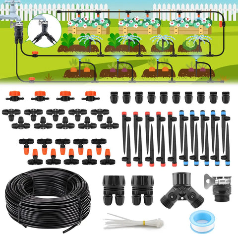 Effortless 100 Foot Drip Irrigation System Kit With 30 Adjustable Nozzles And 30 Meter One Quarter Inch Tubing For Garden Greenhouse Patio And Lawn Auto Watering Solution Perfect For Low Maintenance With DIY Setup components displayed.